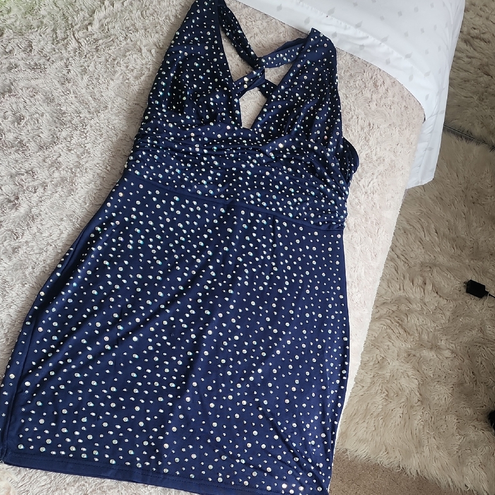 Windsor Navy Blue Backless Dress with Silver Accents